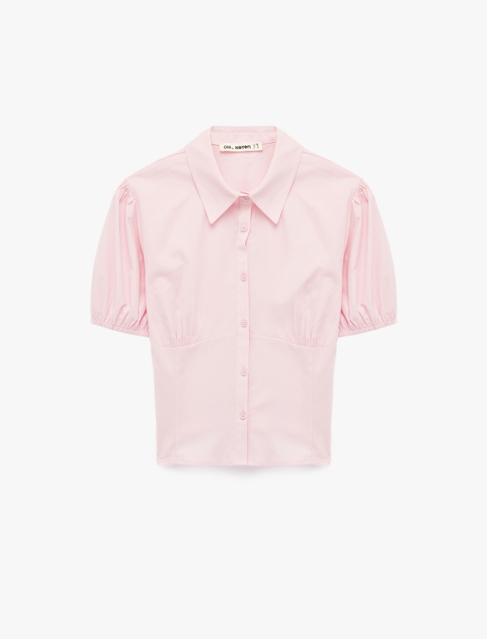  Pamuklu Slim Fit Kısa Balon Kollu Klasik Yaka Crop Bluz