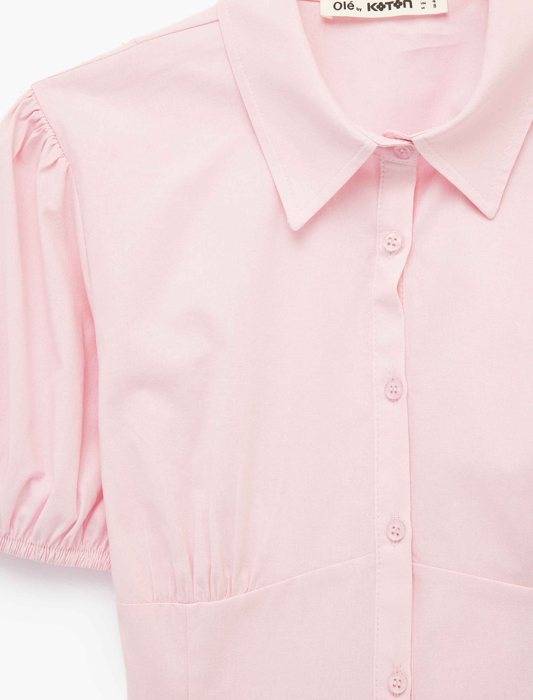   Pamuklu Slim Fit Kısa Balon Kollu Klasik Yaka Crop Bluz