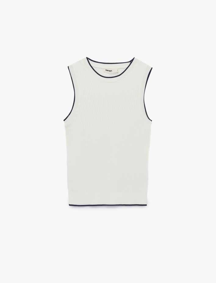  Kontrast Detaylı Bisiklet Yaka Kolsuz Triko Bluz