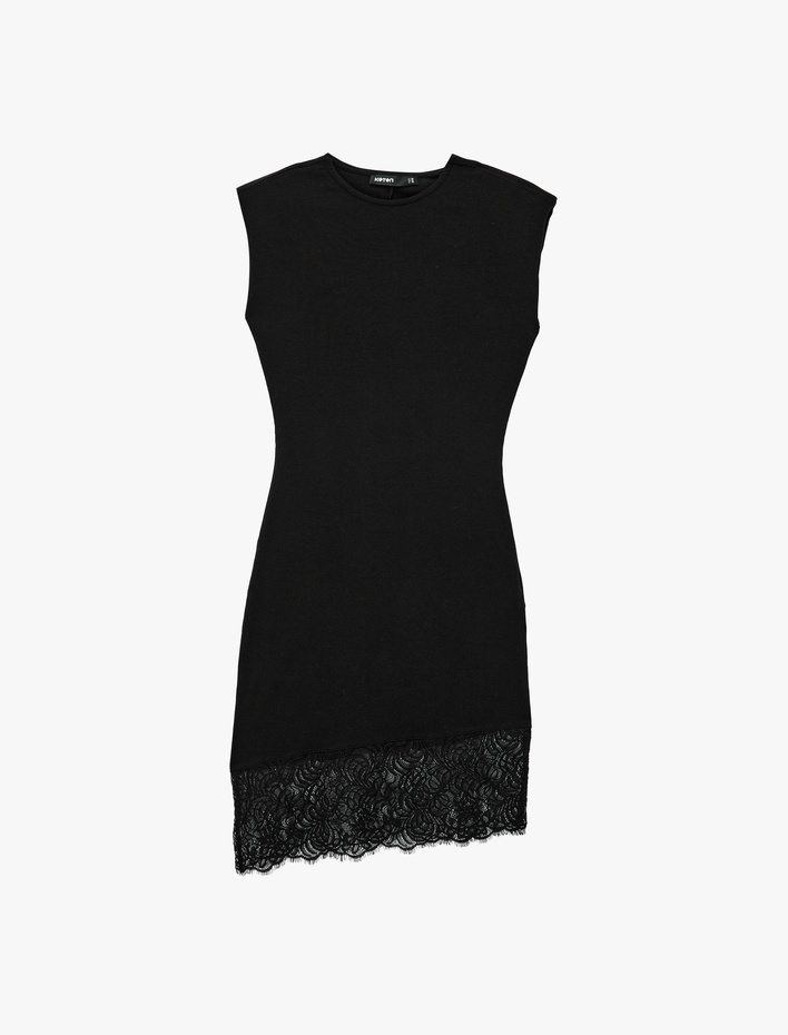  Slim Fit Dantel Detaylı Bisiklet Yaka Kolsuz Mini Elbise