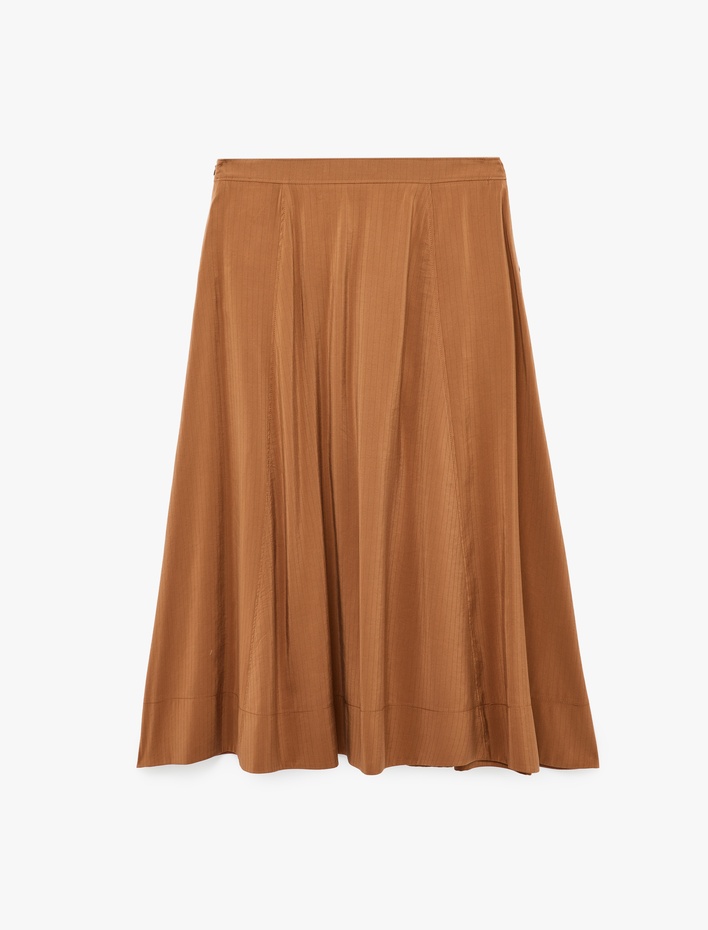  Modal Kumaş Cepli Pileli Çizgili Midi Kloş Etek