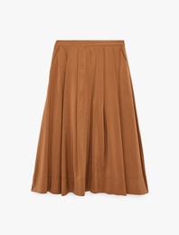 Modal Kumaş Cepli Pileli Çizgili Midi Kloş Etek