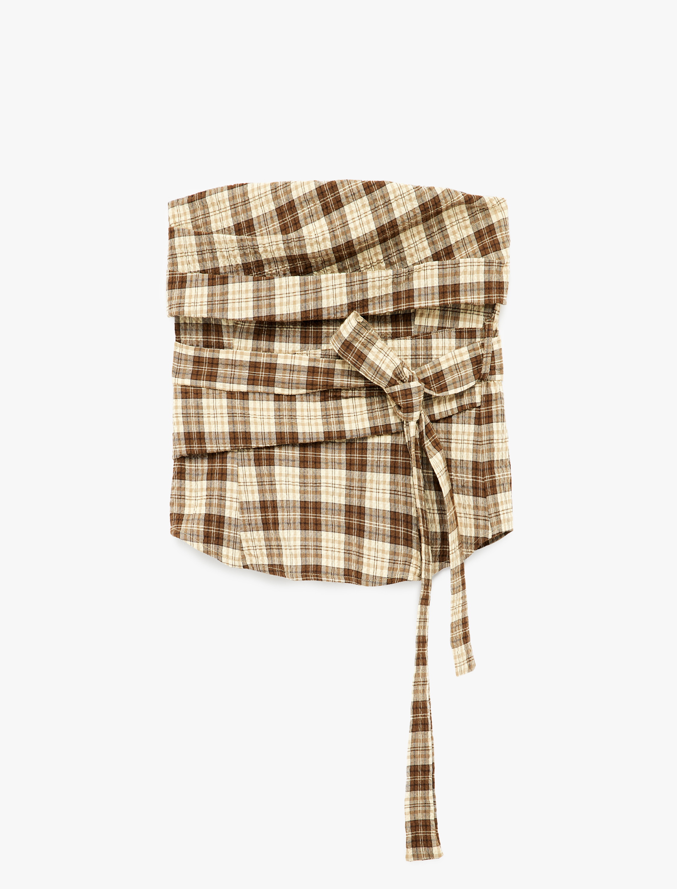   Slim Fit Arkası Gipeli Fiyonk Detaylı Ekose Straplez Crop Bluz