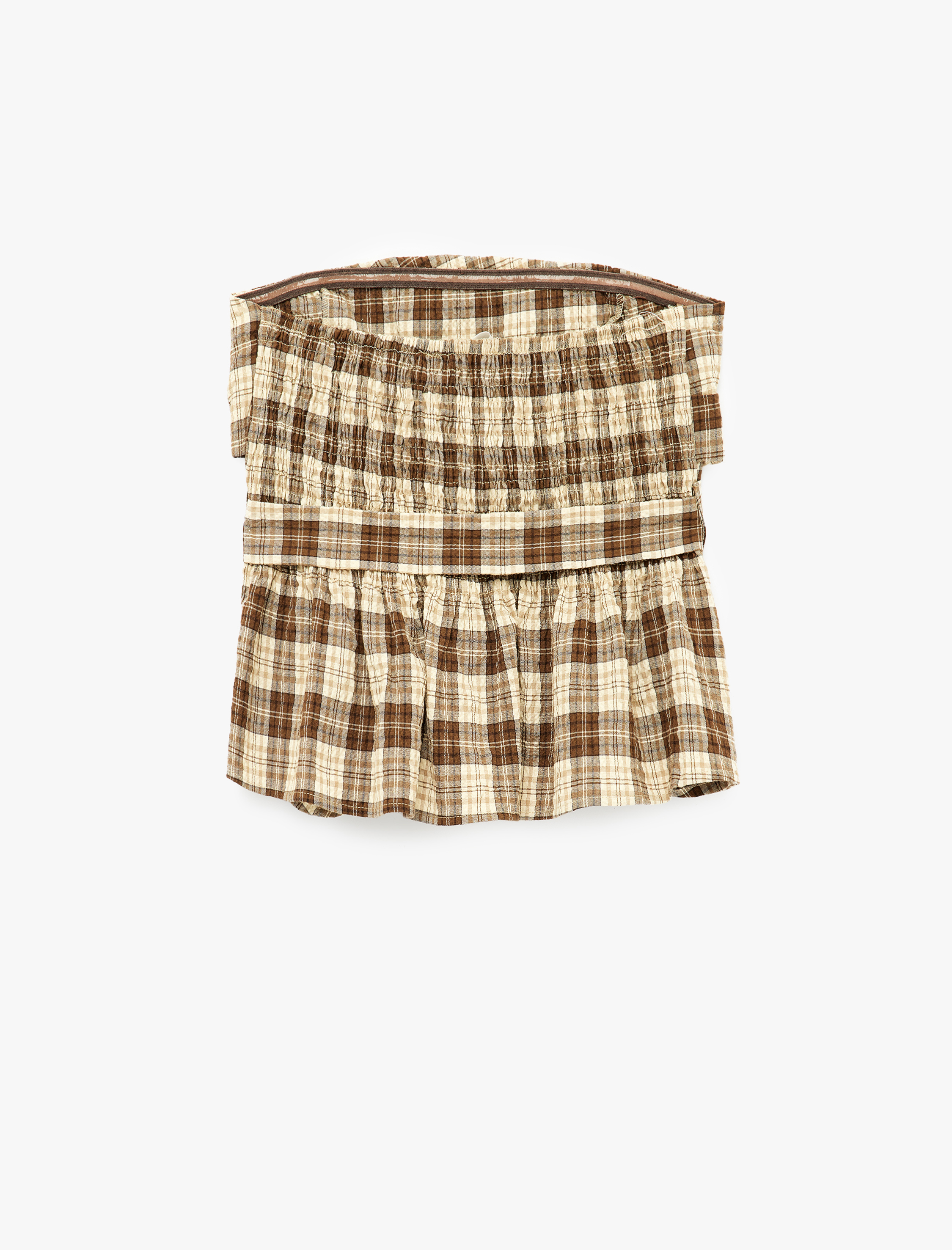   Slim Fit Arkası Gipeli Fiyonk Detaylı Ekose Straplez Crop Bluz