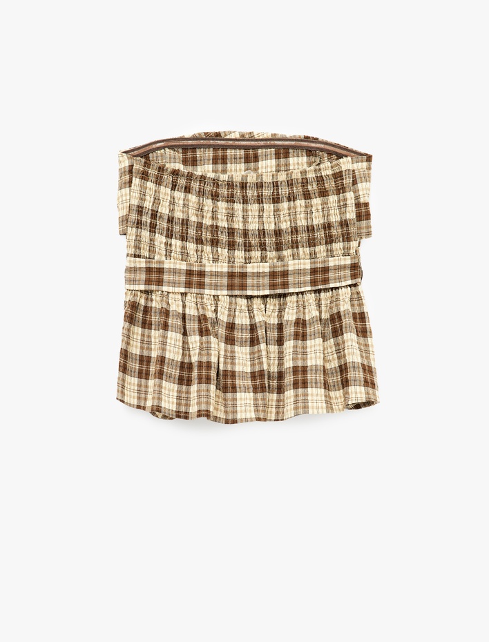  Slim Fit Arkası Gipeli Fiyonk Detaylı Ekose Straplez Crop Bluz