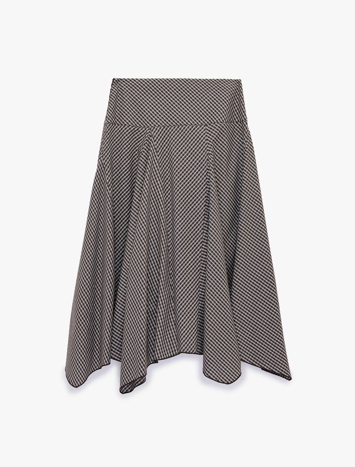  Pamuklu Asimetrik Kesim Kareli Midi Kloş Etek