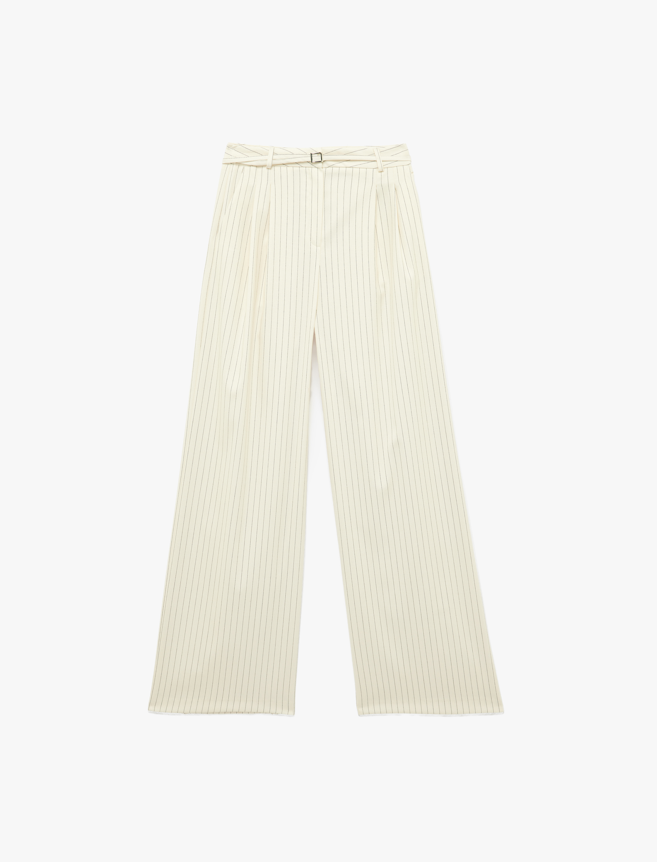   Pile Detaylı Cepli Kemerli Geniş Paça Çizgili Kumaş Pantolon