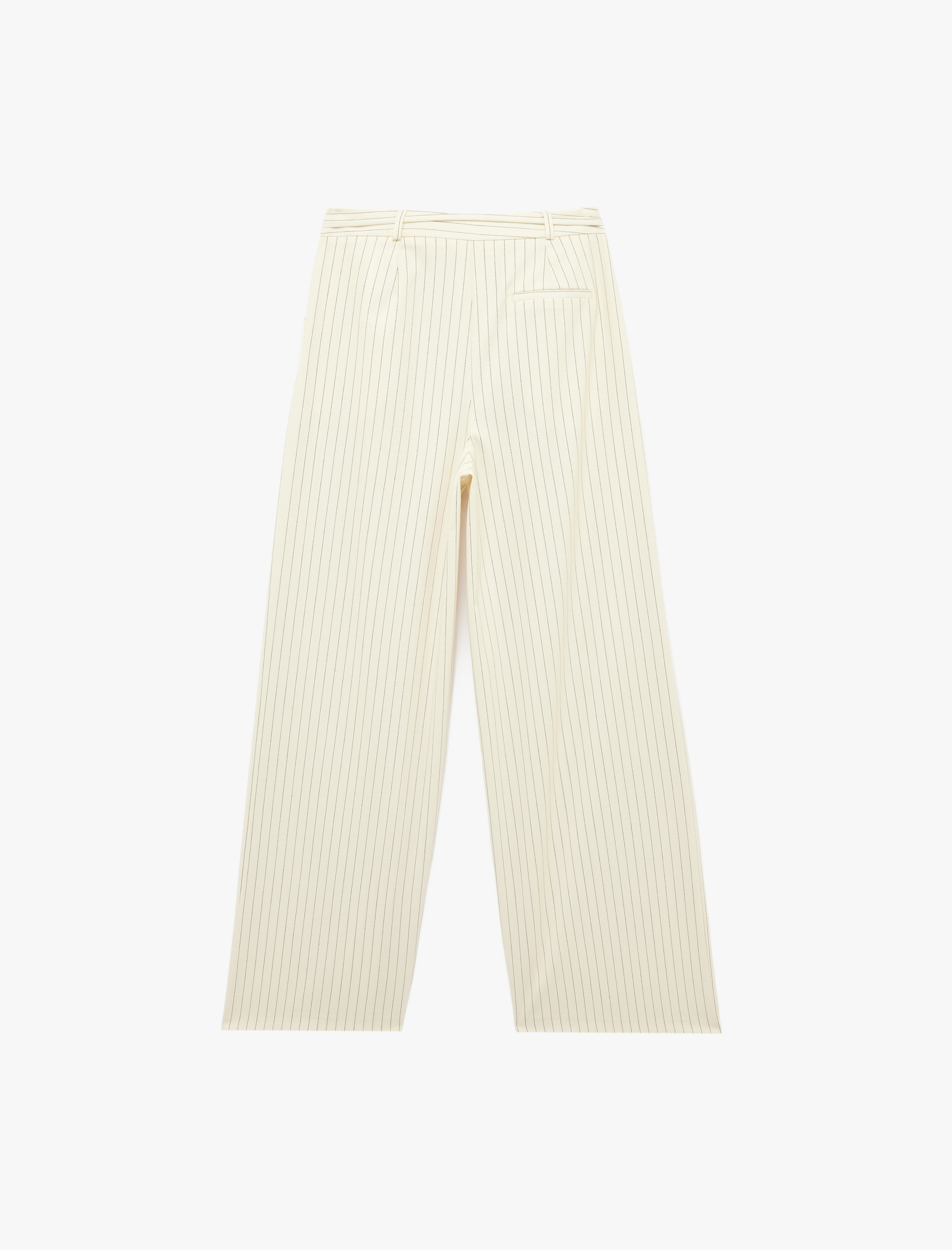   Pile Detaylı Cepli Kemerli Geniş Paça Çizgili Kumaş Pantolon