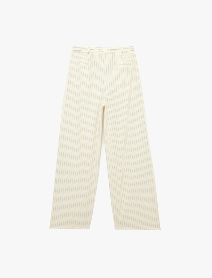  Pile Detaylı Cepli Kemerli Geniş Paça Çizgili Kumaş Pantolon