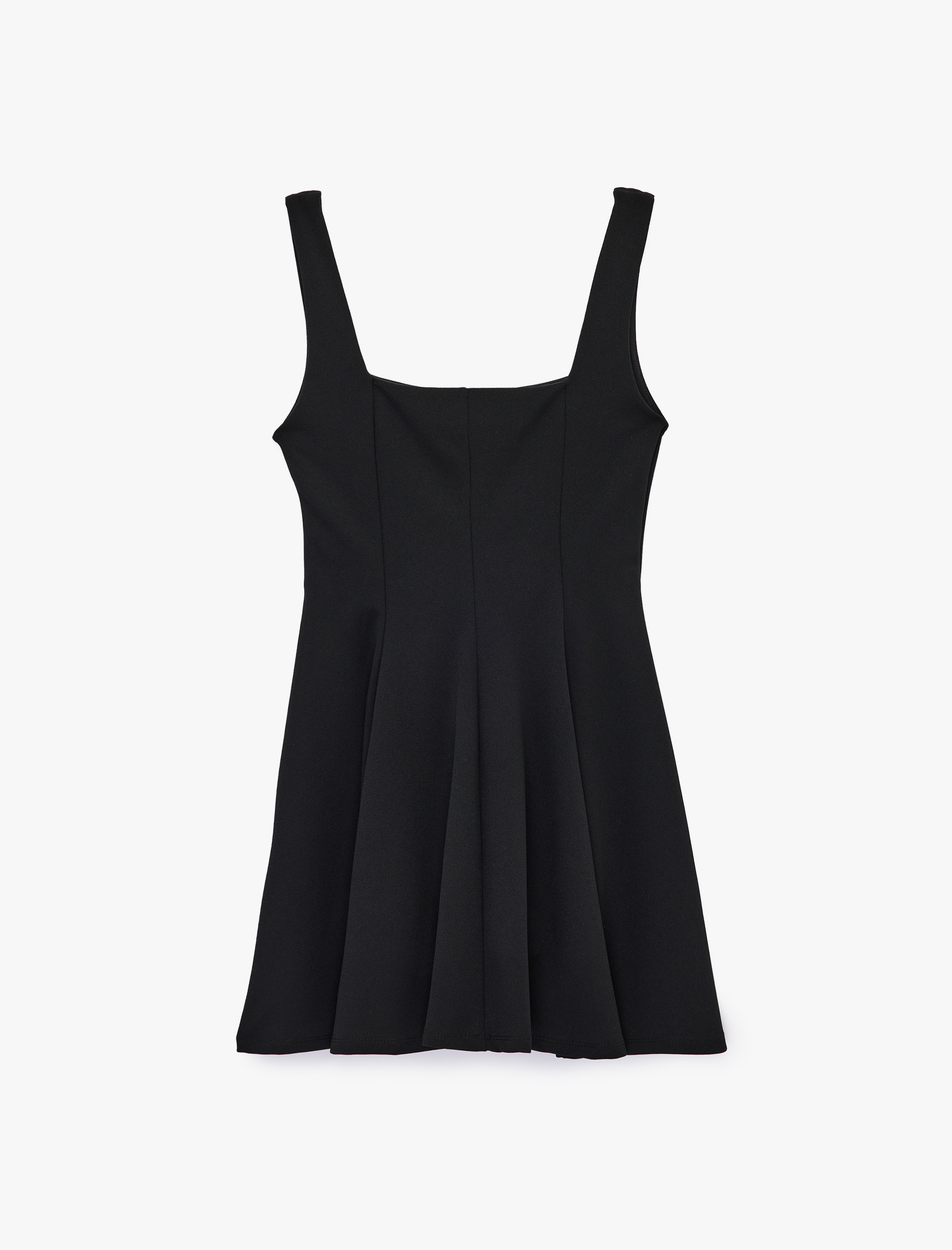   Krep Scuba Kumaş Kare Yaka Kalın Askılı Mini Kloş Elbise