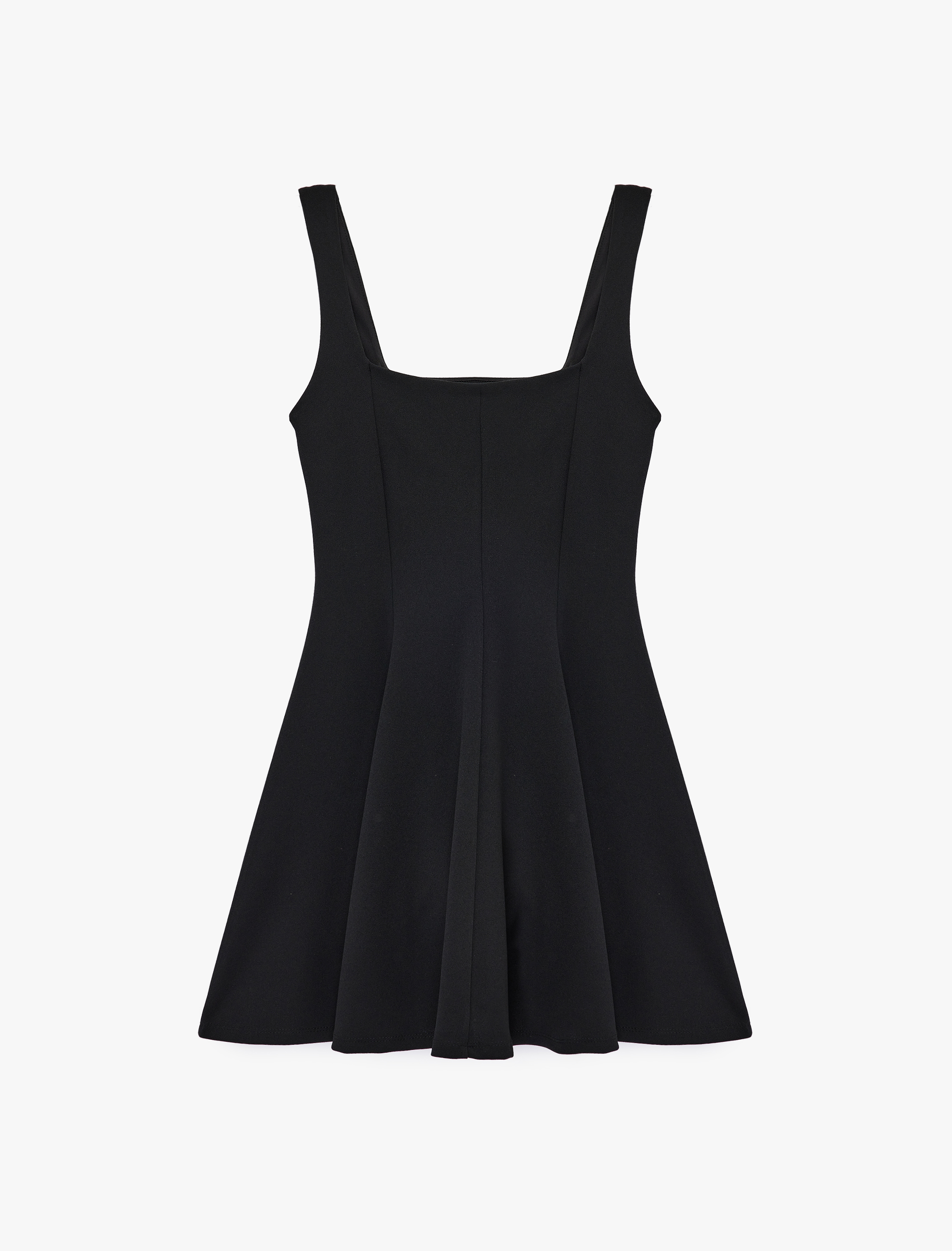   Krep Scuba Kumaş Kare Yaka Kalın Askılı Mini Kloş Elbise