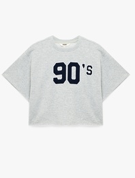 Rahat Kalıp Kısa Kollu Bisiklet Yaka Baskılı Crop Spor Tişört