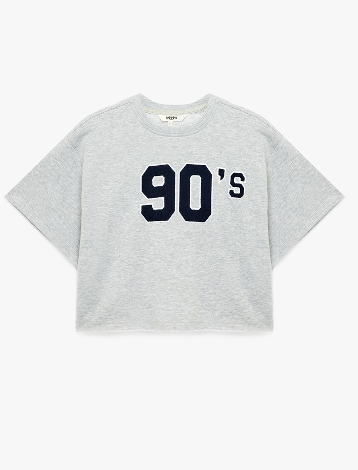  Rahat Kalıp Kısa Kollu Bisiklet Yaka Baskılı Crop Spor Tişört