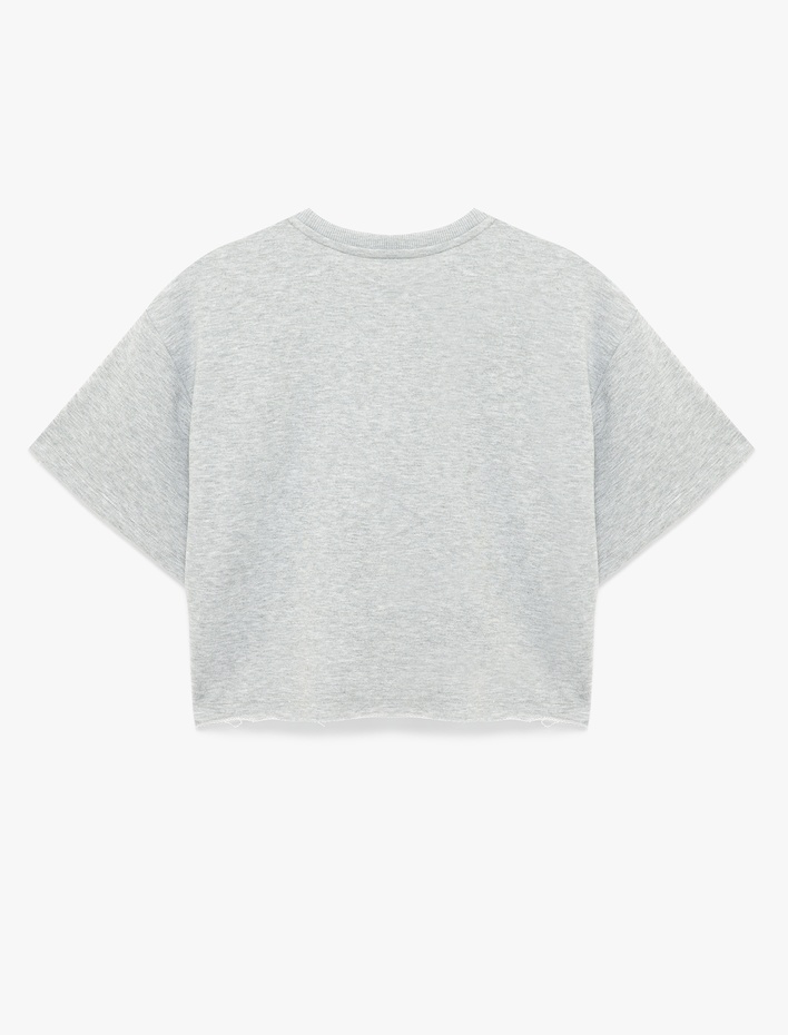  Rahat Kalıp Kısa Kollu Bisiklet Yaka Baskılı Crop Spor Tişört