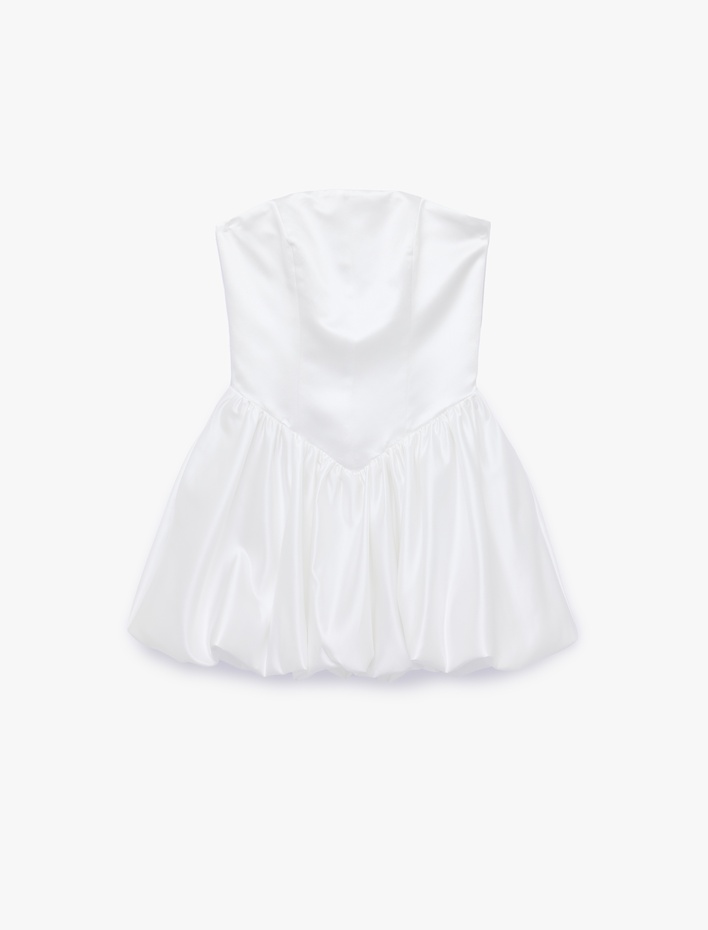  Slim Fit Straplez Kolsuz Mini Saten Balon Elbise