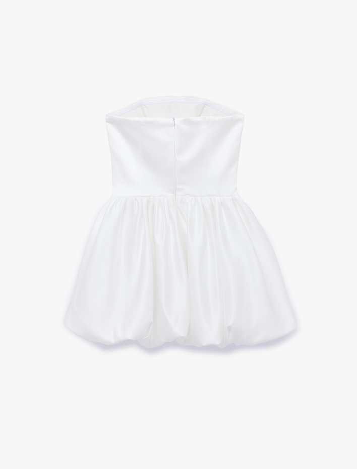  Slim Fit Straplez Kolsuz Mini Saten Balon Elbise