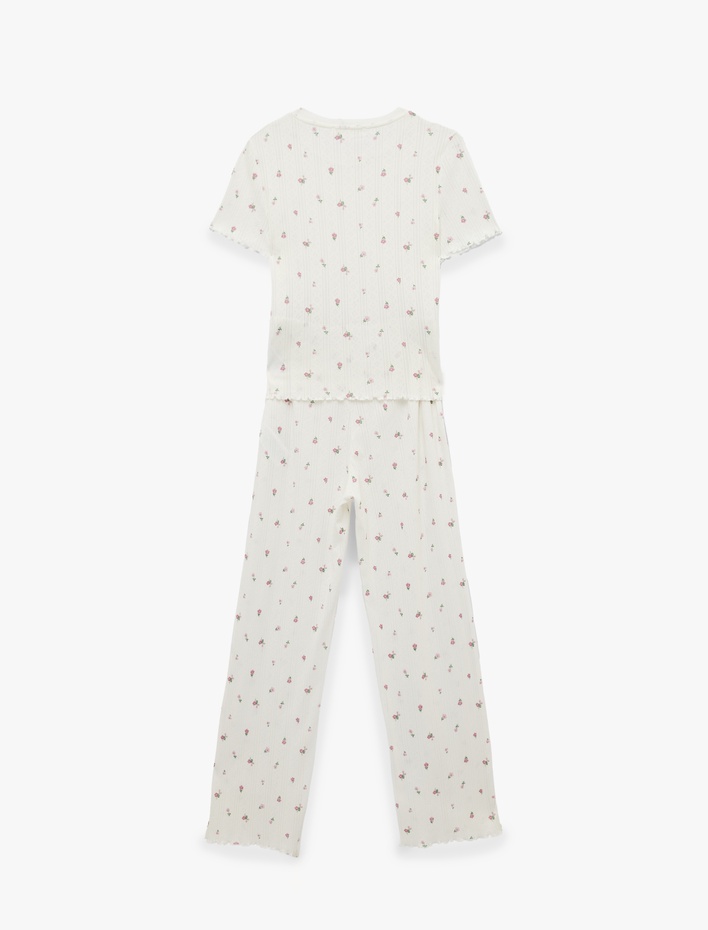  Pamuklu Kısa Kollu Bisiklet Yaka Çiçek Desenli Pijama Takımı - 2'li Set