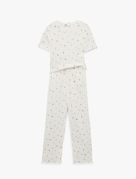 Pamuklu Kısa Kollu Bisiklet Yaka Çiçek Desenli Pijama Takımı - 2'li Set