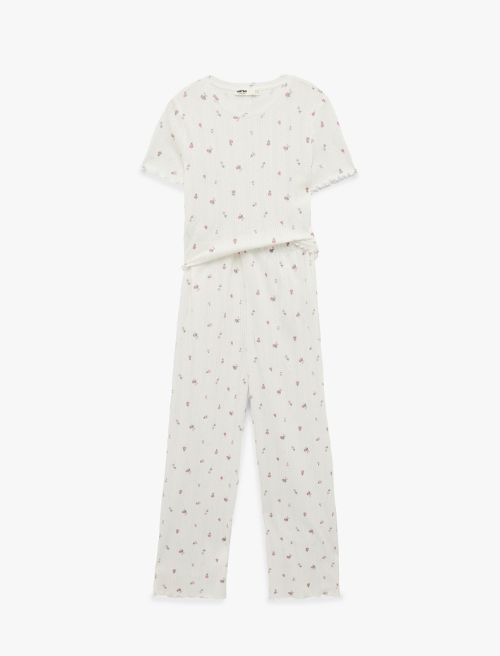  Pamuklu Kısa Kollu Bisiklet Yaka Çiçek Desenli Pijama Takımı - 2'li Set