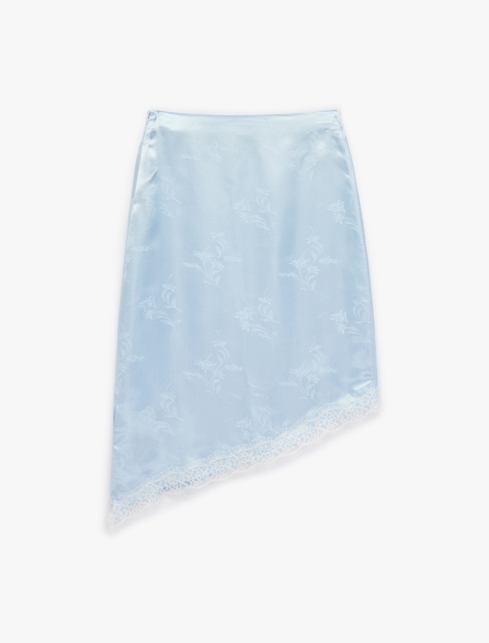  Asimetrik Dantel Detaylı Viskon Saten Midi Etek