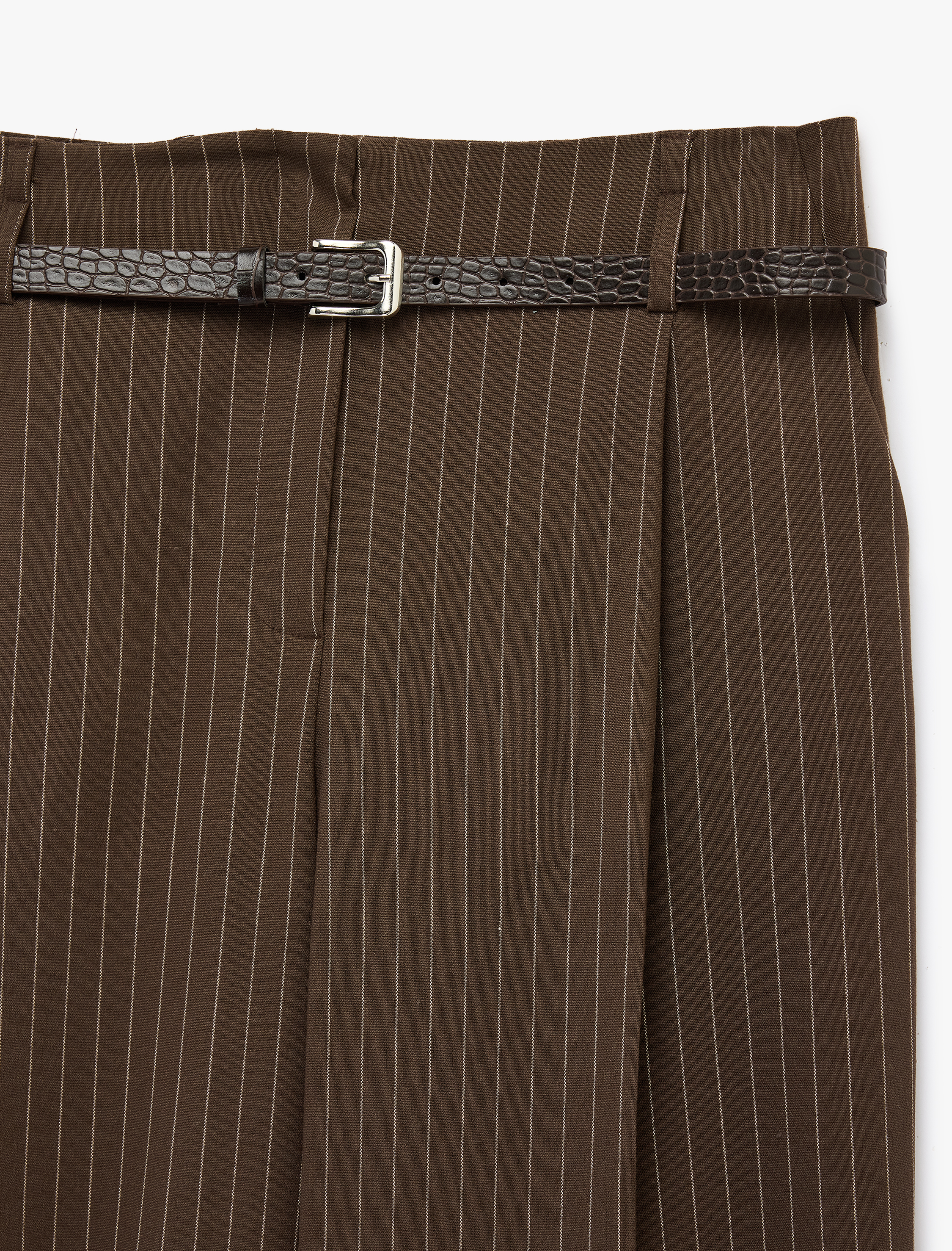   Pileli Yüksek Bel Kemerli Geniş Paça Çizgili Palazzo Pantolon