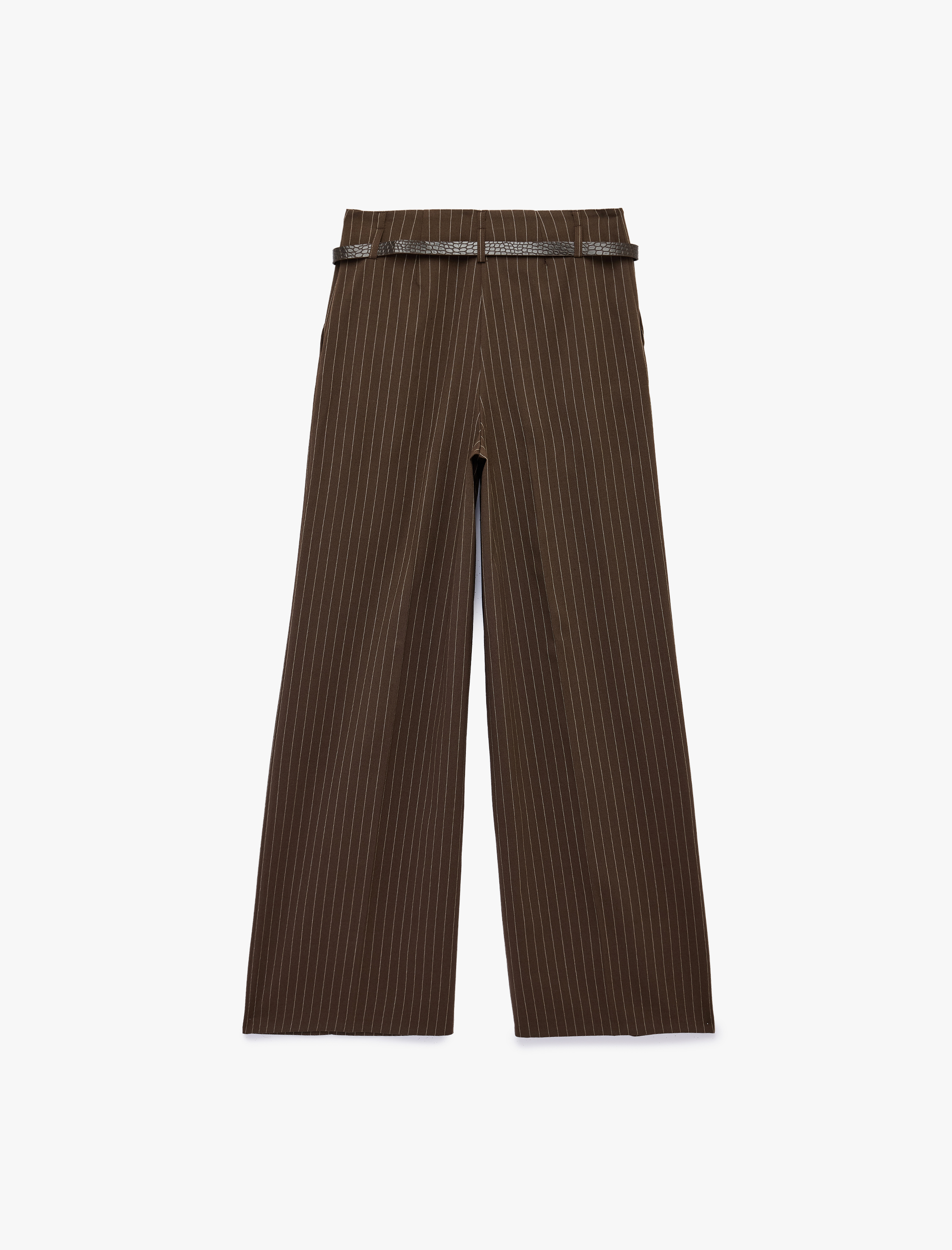   Pileli Yüksek Bel Kemerli Geniş Paça Çizgili Palazzo Pantolon