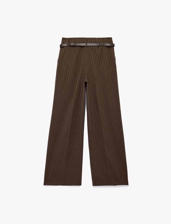  Pileli Yüksek Bel Kemerli Geniş Paça Çizgili Palazzo Pantolon