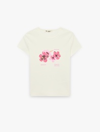 Hibiscus Baskılı Slim Fit Kısa Kollu Bisiklet Yaka Tişört
