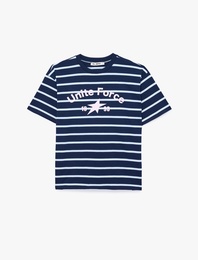 Rahat Kalıp Kısa Kollu Bisiklet Yaka Çizgili Pamuklu Tişört