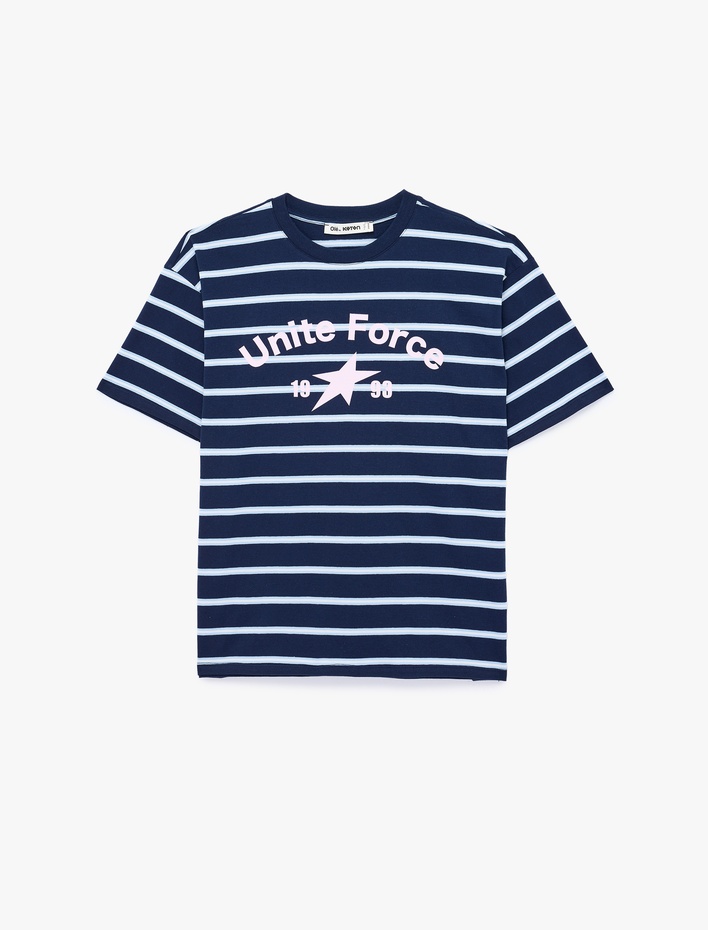  Rahat Kalıp Kısa Kollu Bisiklet Yaka Çizgili Pamuklu Tişört