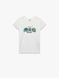 Baskılı Kısa Kollu Bisiklet Yaka Pamuklu Tişört