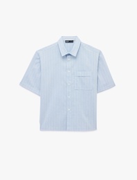 Klasik Yaka Pamuklu Cep Detaylı Poplin Rahat Kalıp Kısa Kollu Gömlek