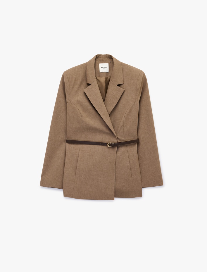  Kruvaze Yaka Uzun Kollu Kemerli Blazer Ceket