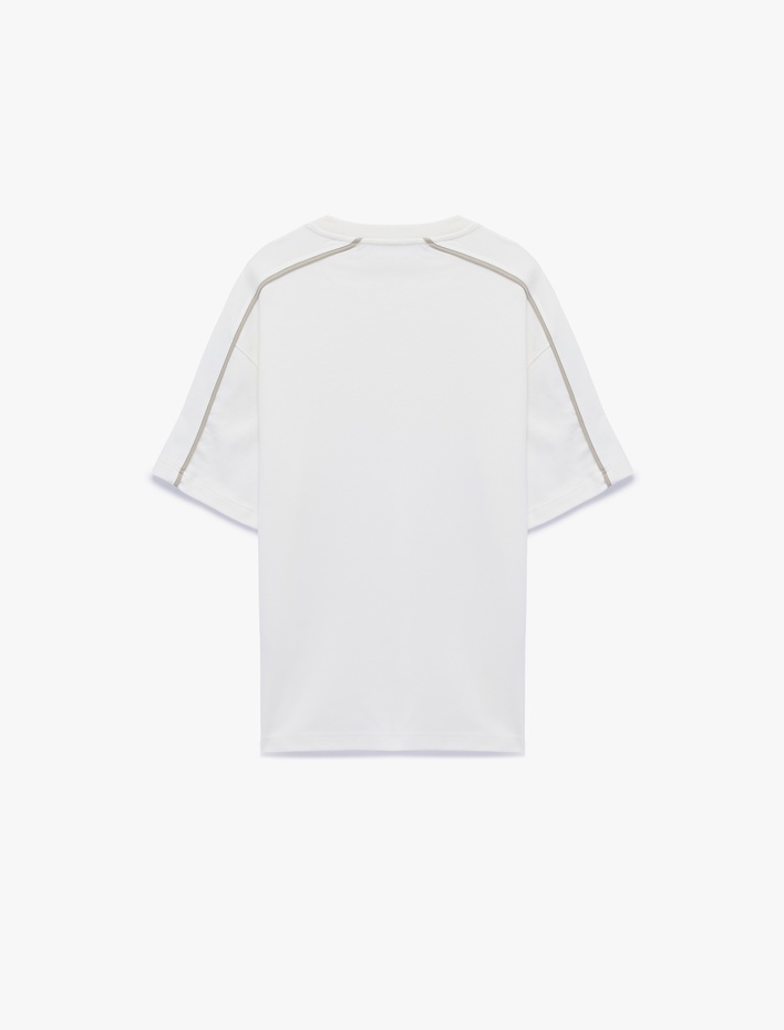  Kısa Kollu Dikiş Detaylı Bisiklet Yaka Pamuklu Oversize Tişört