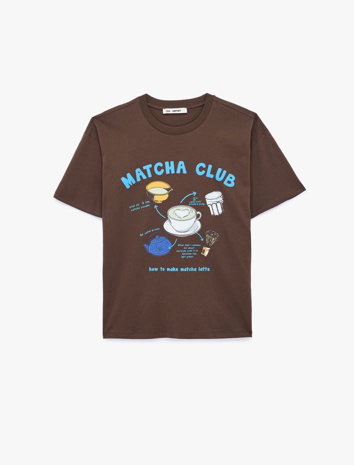  Kısa Kollu Bisiklet Yaka Baskılı Pamuklu Tişört