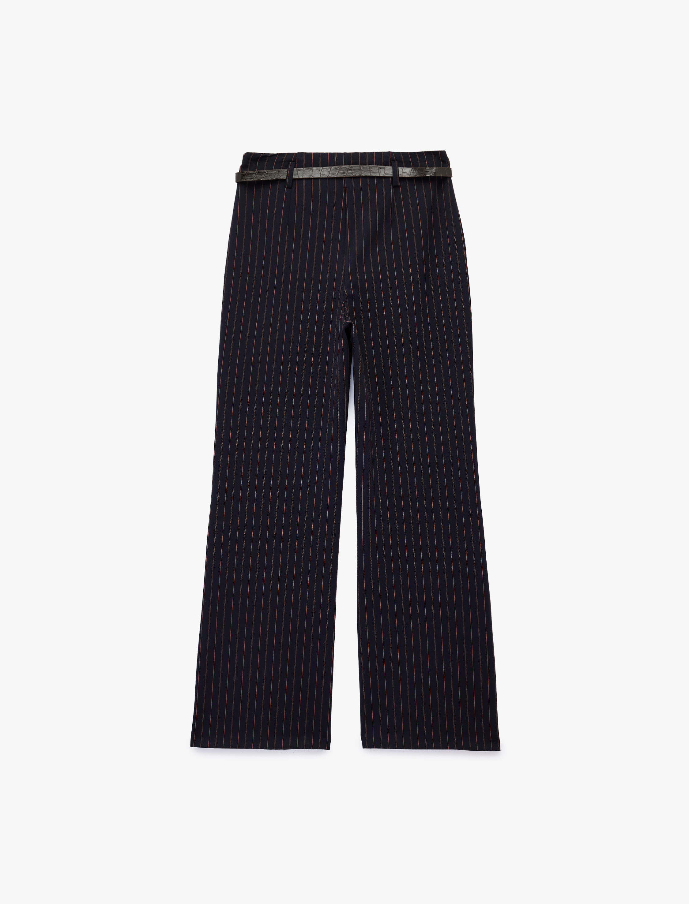   Cepli Kemerli Düz Geniş Paça Çizgili Kumaş Pantolon