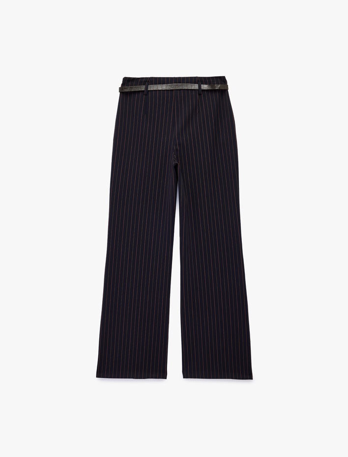  Cepli Kemerli Düz Geniş Paça Çizgili Kumaş Pantolon