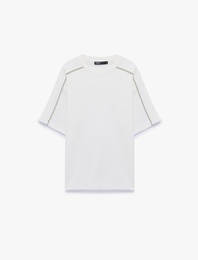 Kısa Kollu Dikiş Detaylı Bisiklet Yaka Pamuklu Oversize Tişört