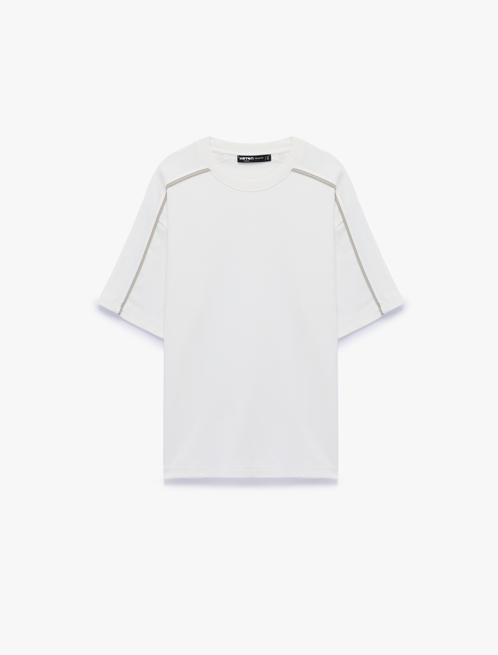  Kısa Kollu Dikiş Detaylı Bisiklet Yaka Pamuklu Oversize Tişört