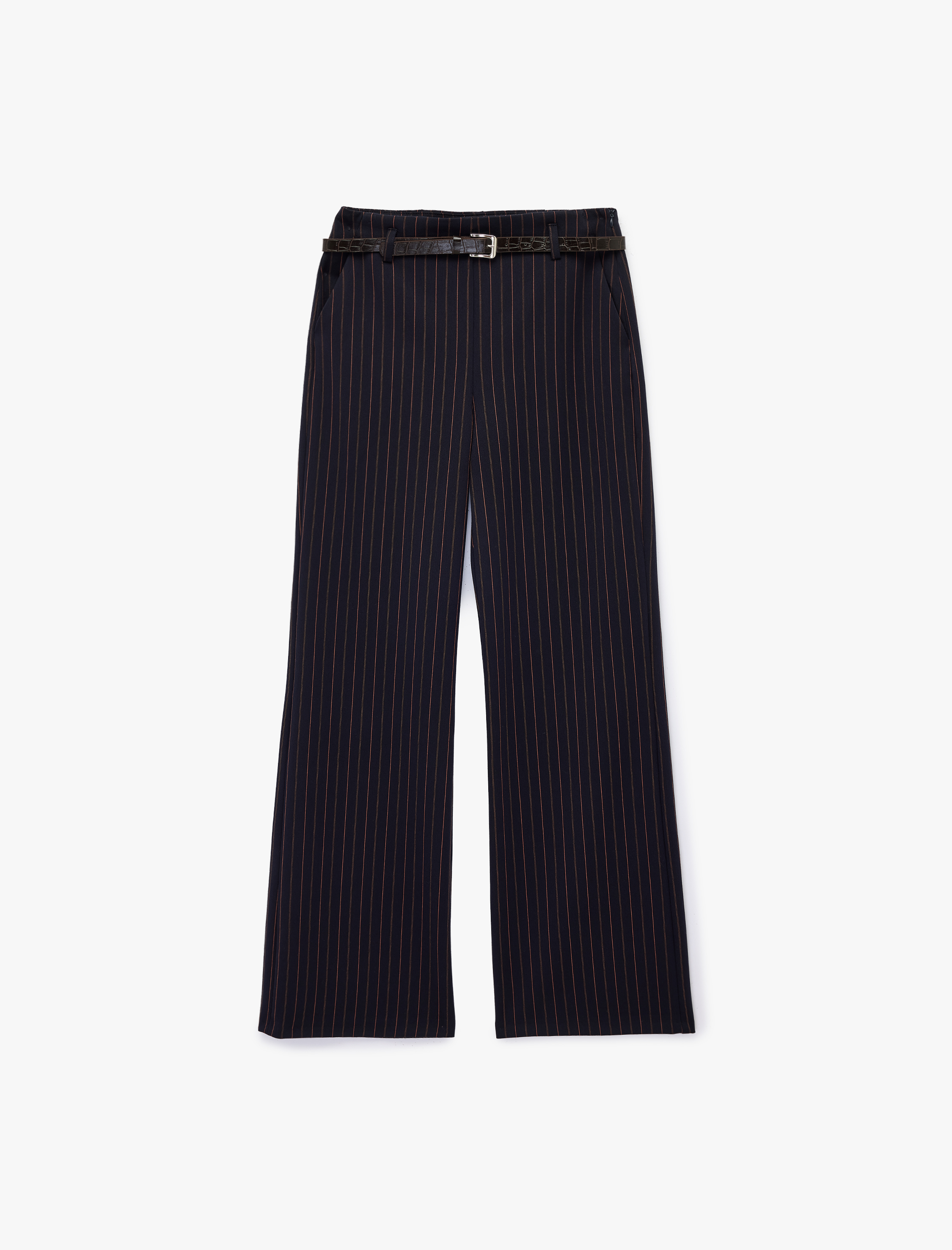   Cepli Kemerli Düz Geniş Paça Çizgili Kumaş Pantolon