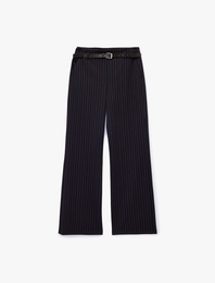 Cepli Kemerli Düz Geniş Paça Çizgili Kumaş Pantolon