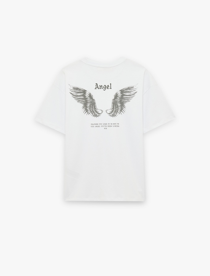  Melek Baskılı Rahat Kalıp Kısa Kollu Pamuklu Tişört