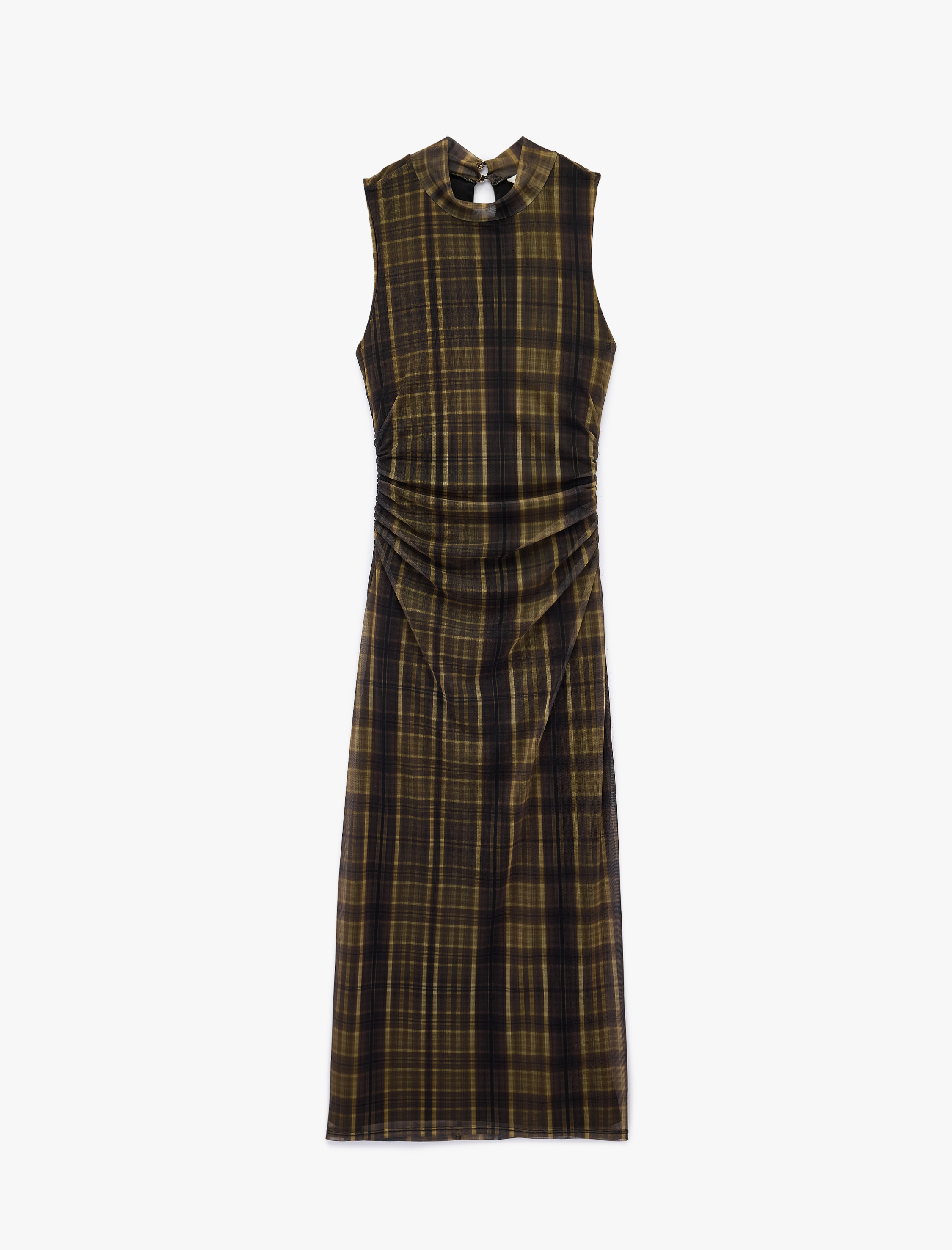   Slim Fit Drapeli Dik Yaka Kolsuz Uzun Ekose Elbise