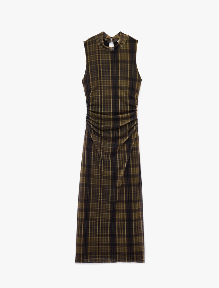 Slim Fit Drapeli Dik Yaka Kolsuz Uzun Ekose Elbise