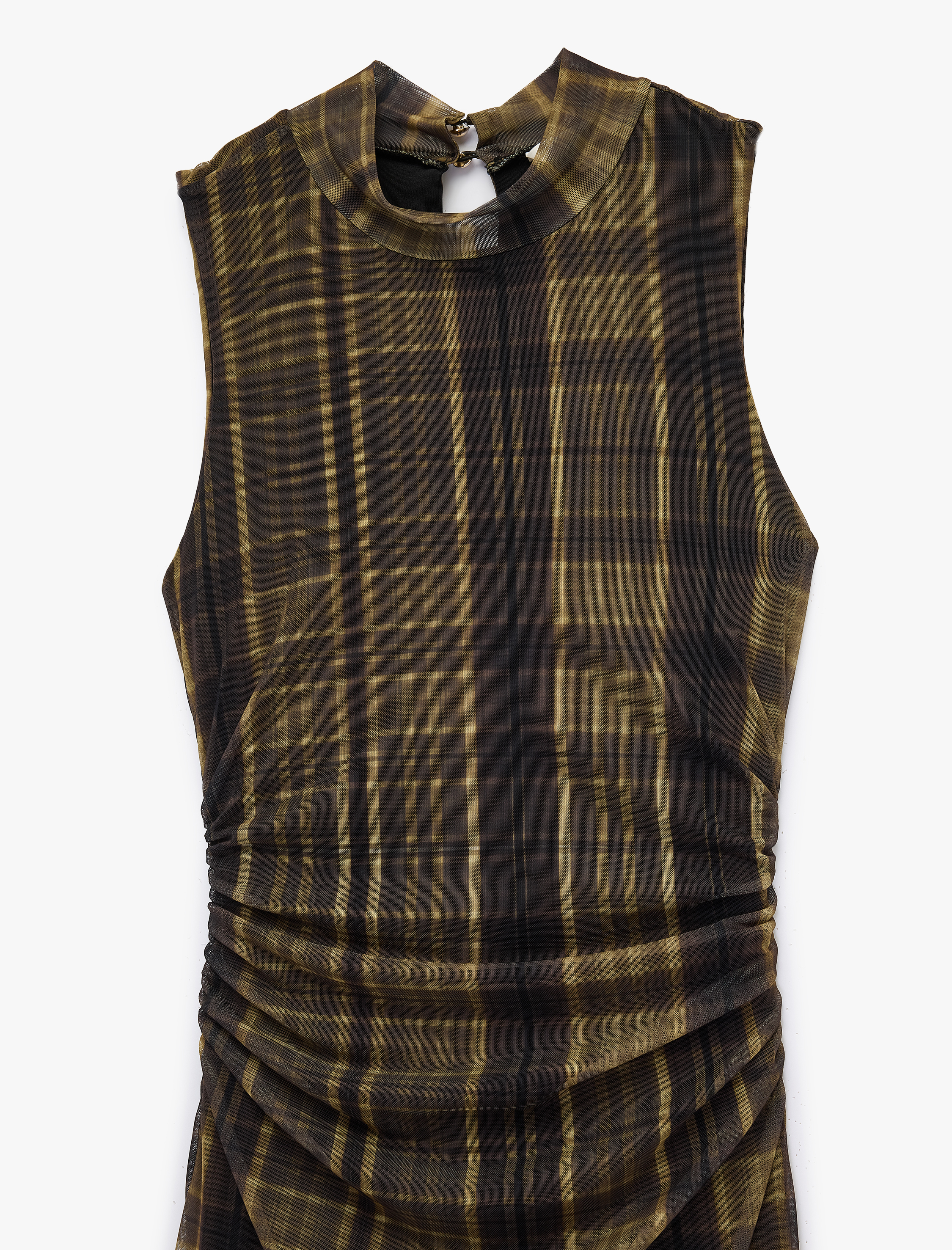   Slim Fit Drapeli Dik Yaka Kolsuz Uzun Ekose Elbise