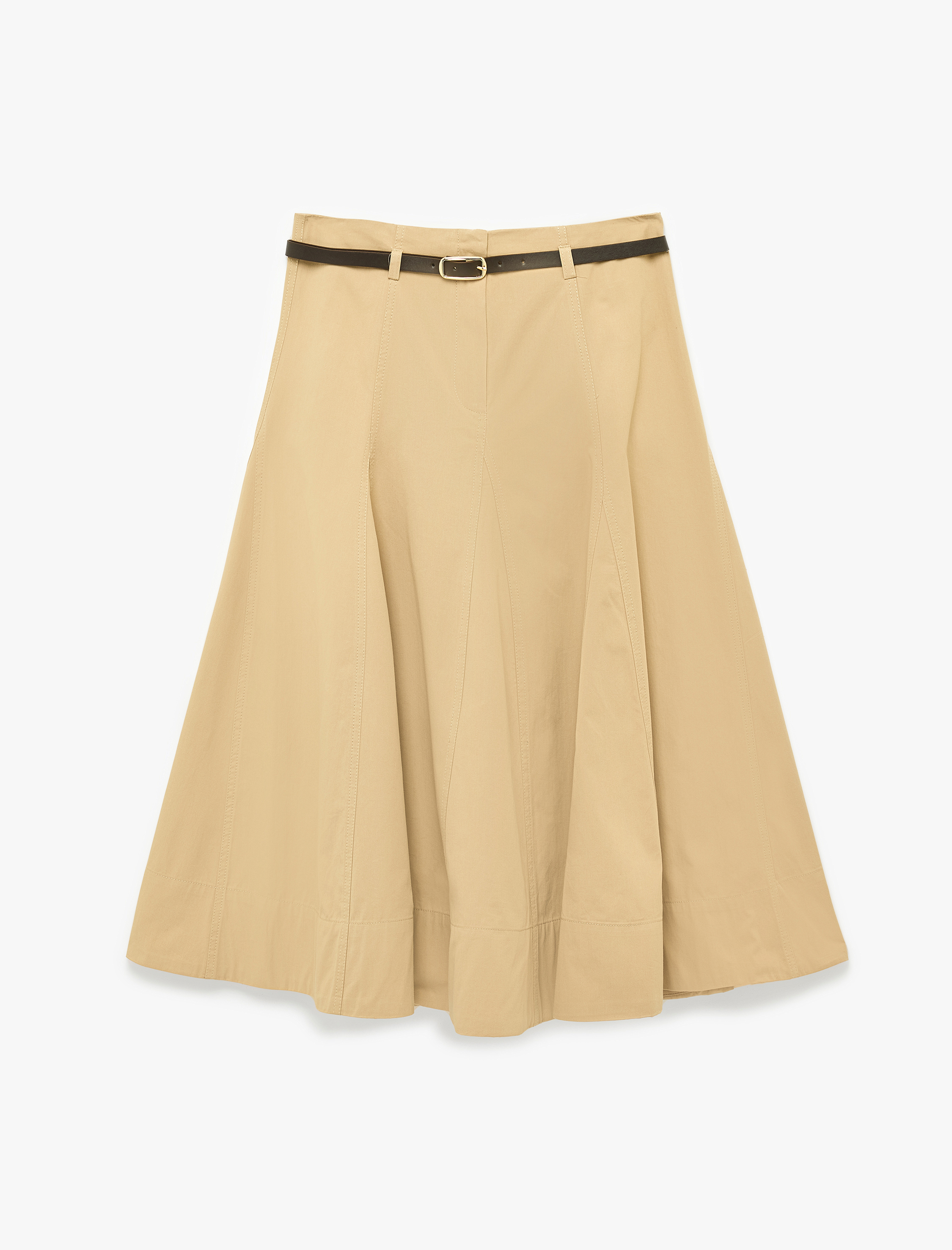   Pamuklu Kemer Detaylı Midi Kloş Etek