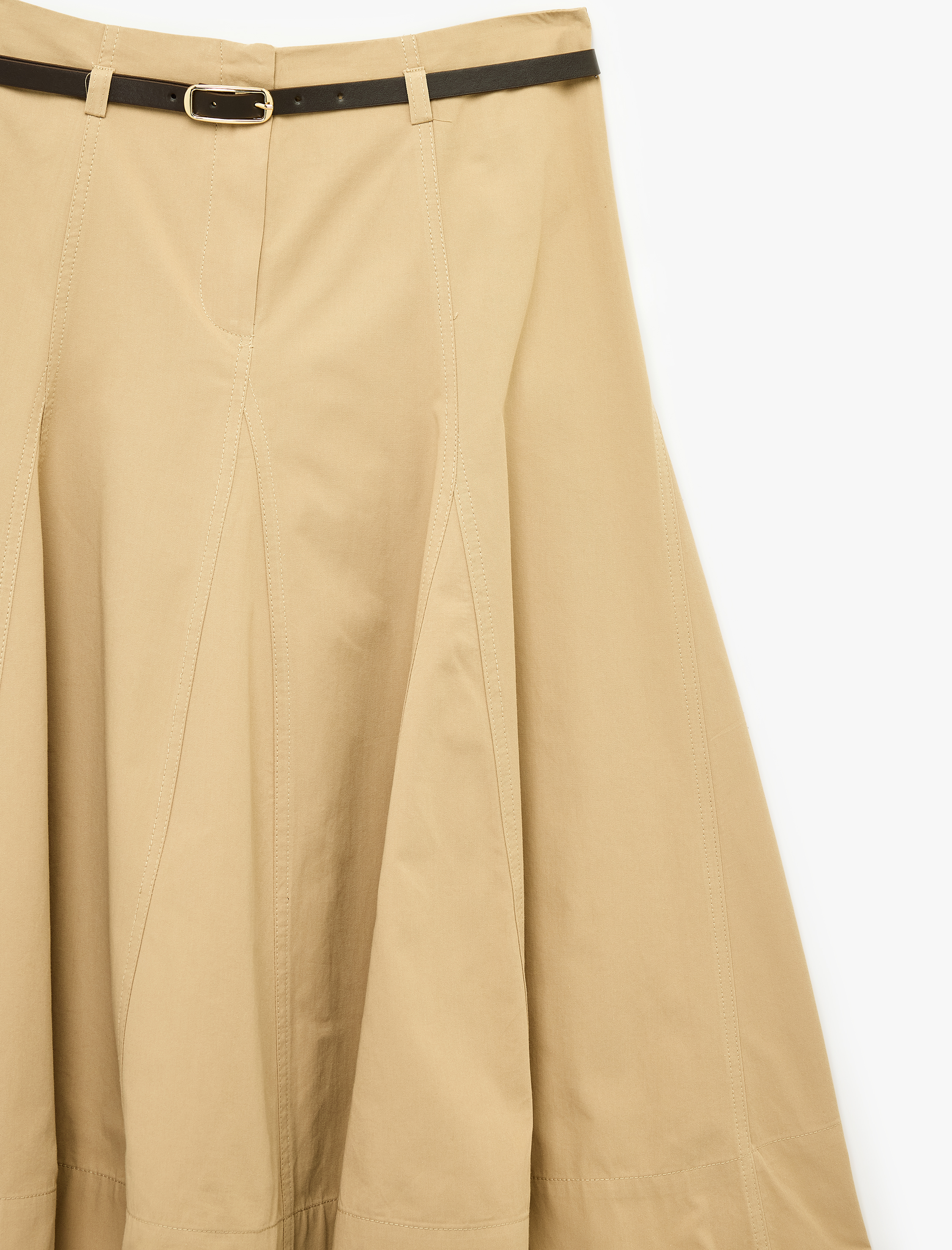   Pamuklu Kemer Detaylı Midi Kloş Etek