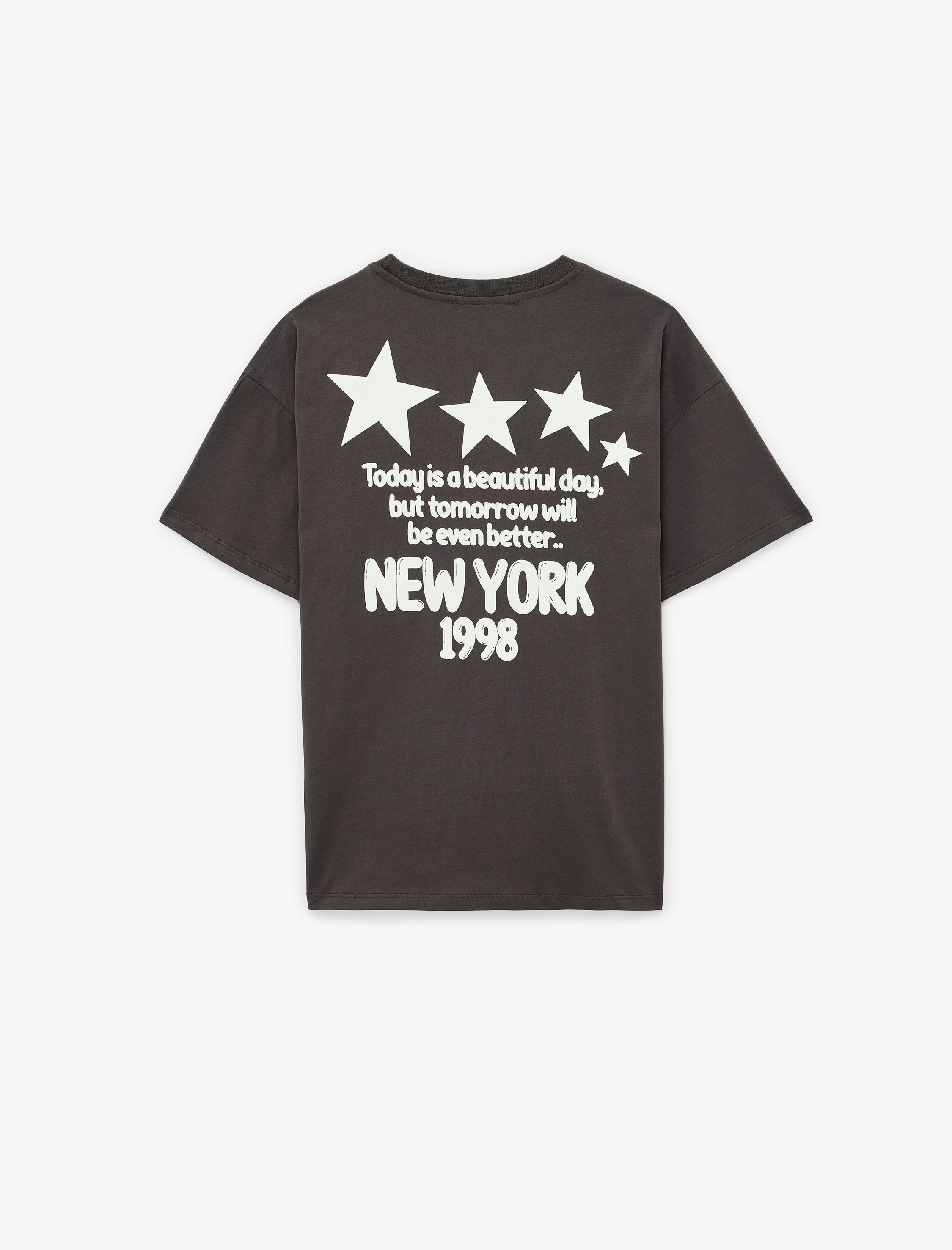   Rahat Kalıp Kısa Kollu Bisiklet Yaka Arkası Baskılı Pamuklu Tişört