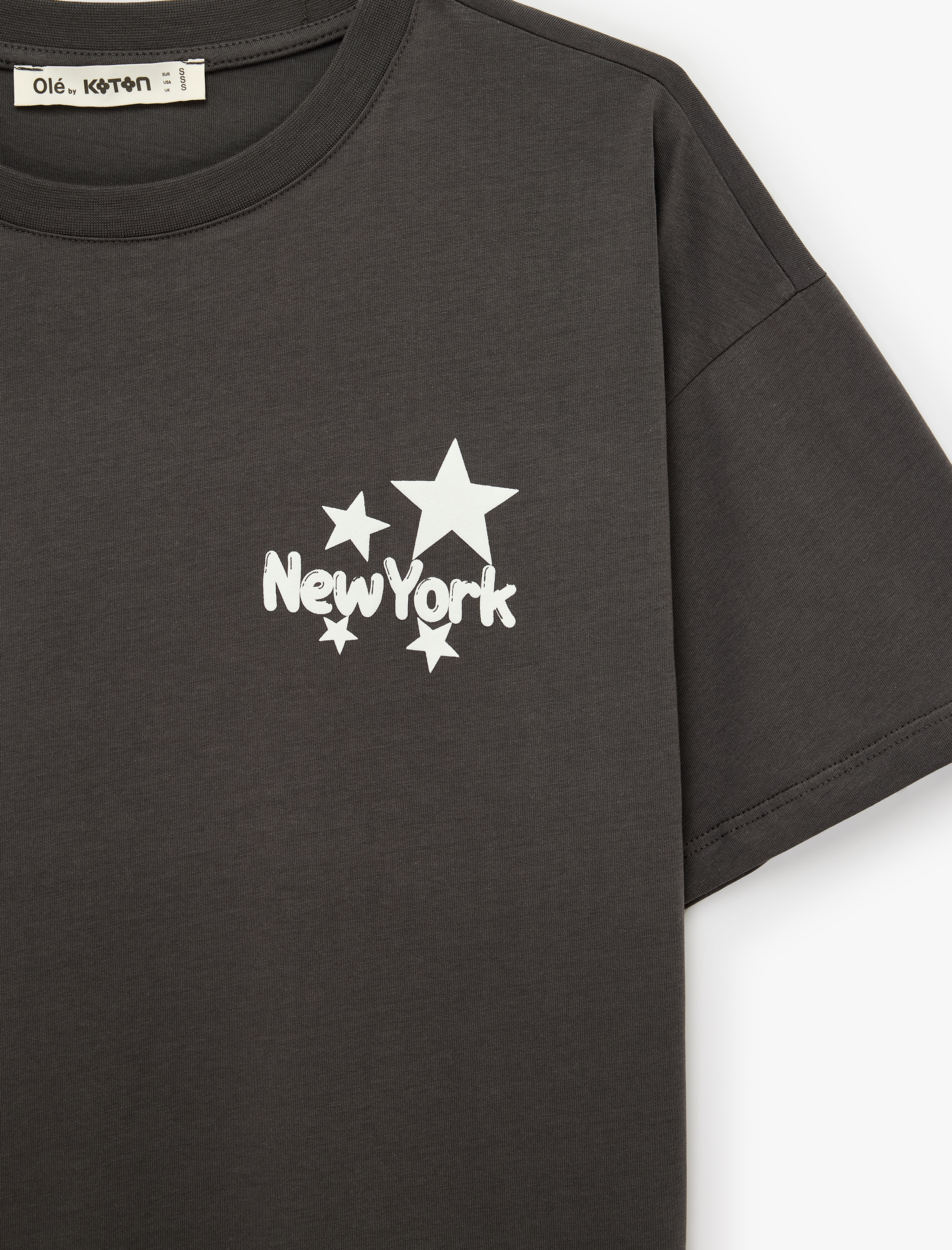   Rahat Kalıp Kısa Kollu Bisiklet Yaka Arkası Baskılı Pamuklu Tişört