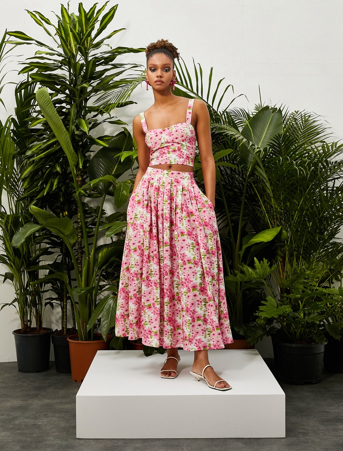  Çiçekli Uzun Etek Pileli